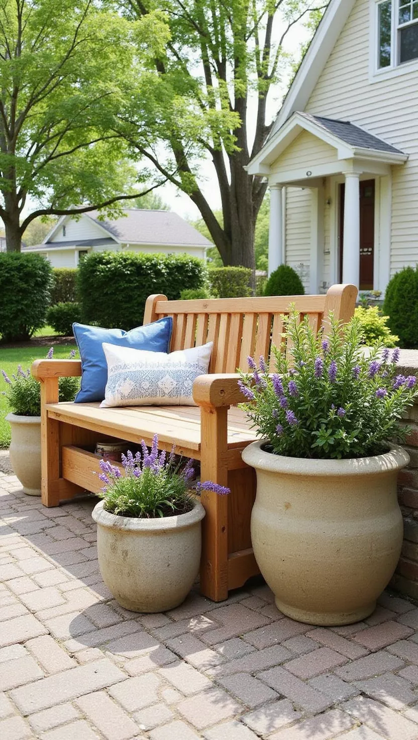 A photo of a typical American home's garden featuring a wooden storage bench and decorative containers that provide organization while maintaining an attractive outdoor aesthetic