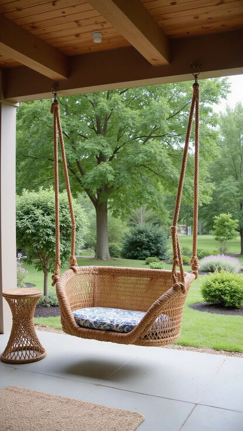 A photo of a typical American home’s garden showing a woven rope swing chair suspended from a sturdy covered patio beam, with a side table nearby
