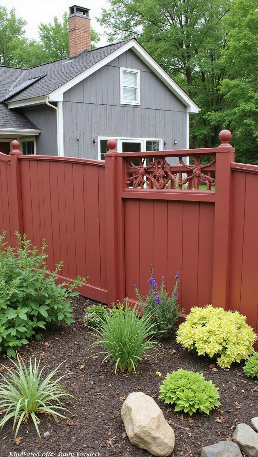 A photo of a typical American home's garden showing a fence painted in traditional barn red with country-style plants and rustic garden elements creating farmhouse charm.