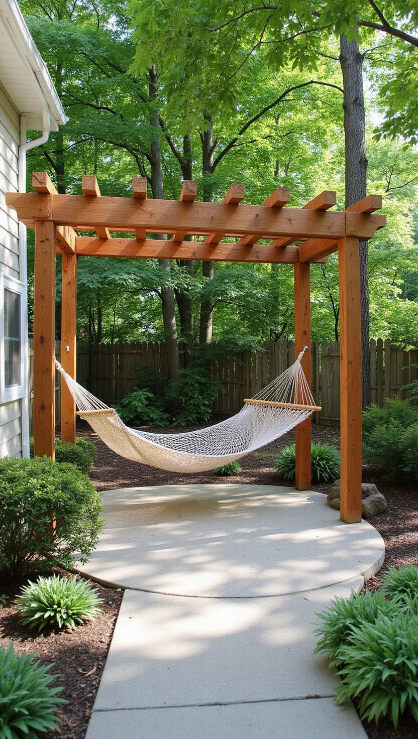 A photo of a typical American home's garden displaying a wooden pergola with a hammock strung between two support posts, surrounded by shade plants and a peaceful garden setting.