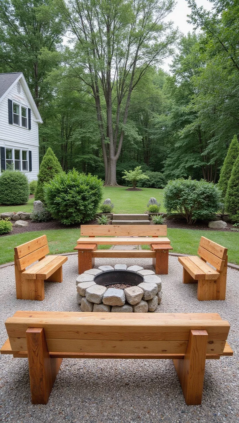A photo of a typical American home's garden featuring handcrafted wooden benches with natural wood grain and simple construction positioned around a stone fire pit.