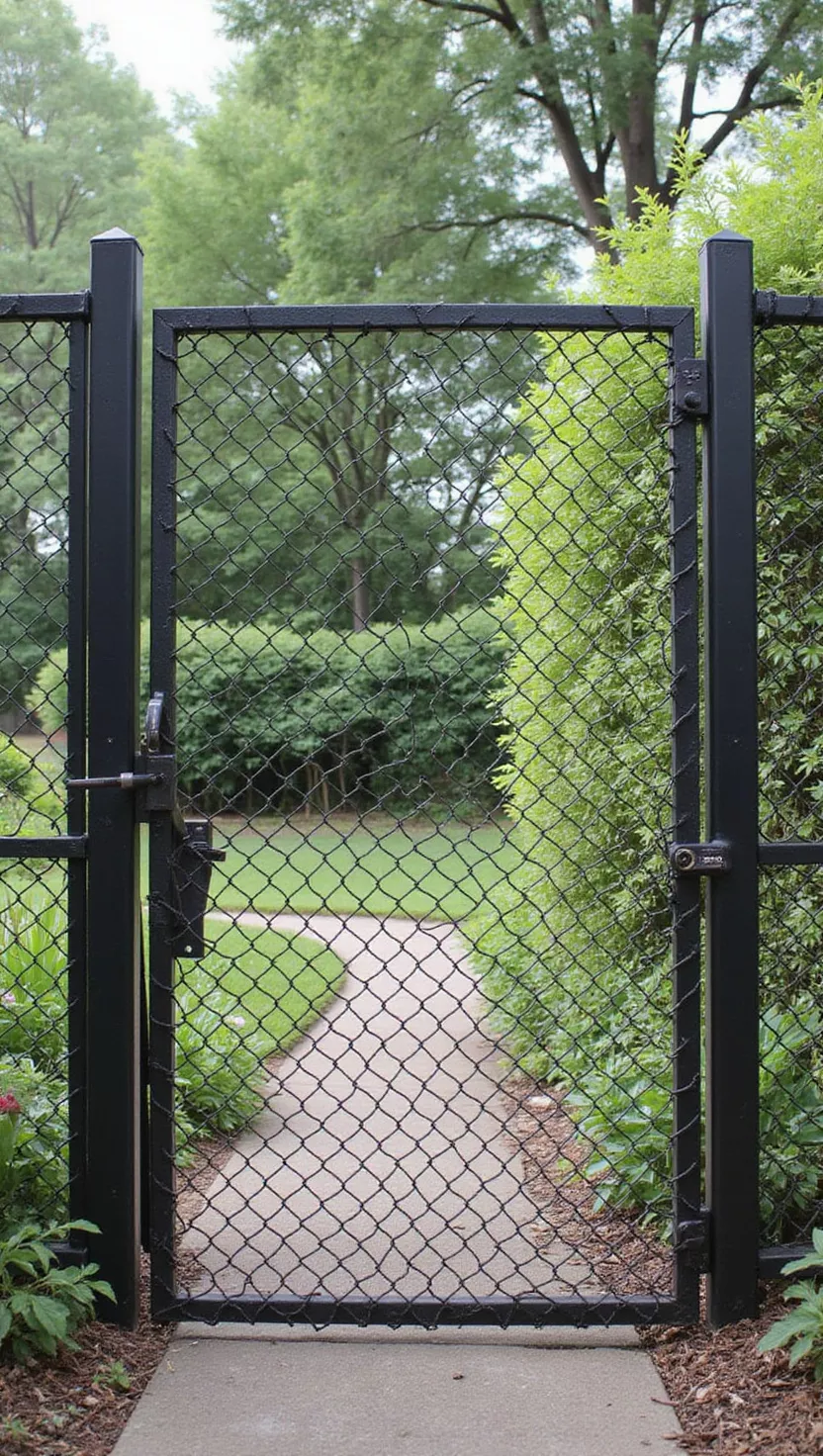 A photo of a typical American home's garden showing a practical chain link gate with metal frame, wire mesh, and basic latch mechanism