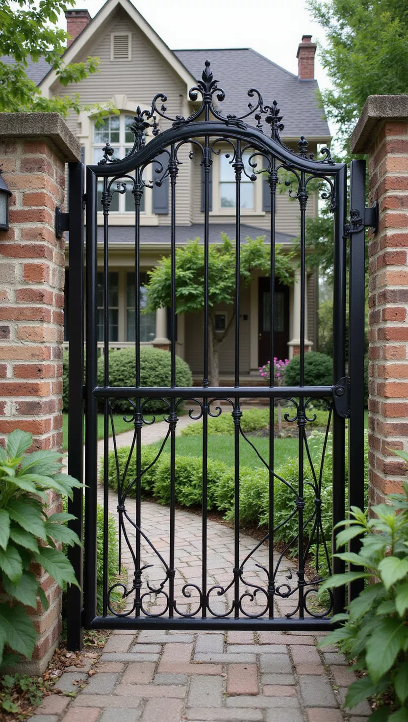 A photo of a typical American home's garden featuring an elegant black wrought iron gate with decorative scrollwork, curved designs, and ornamental details
