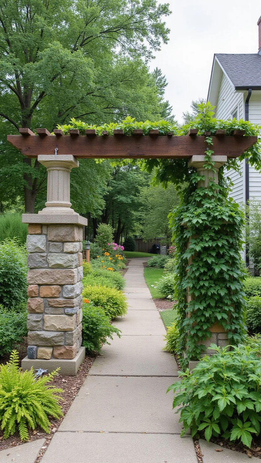 A photo of a typical American home's garden featuring an arch made up from two stone pillars supporting a wooden beam overhead with ivy growing up the stone columns.