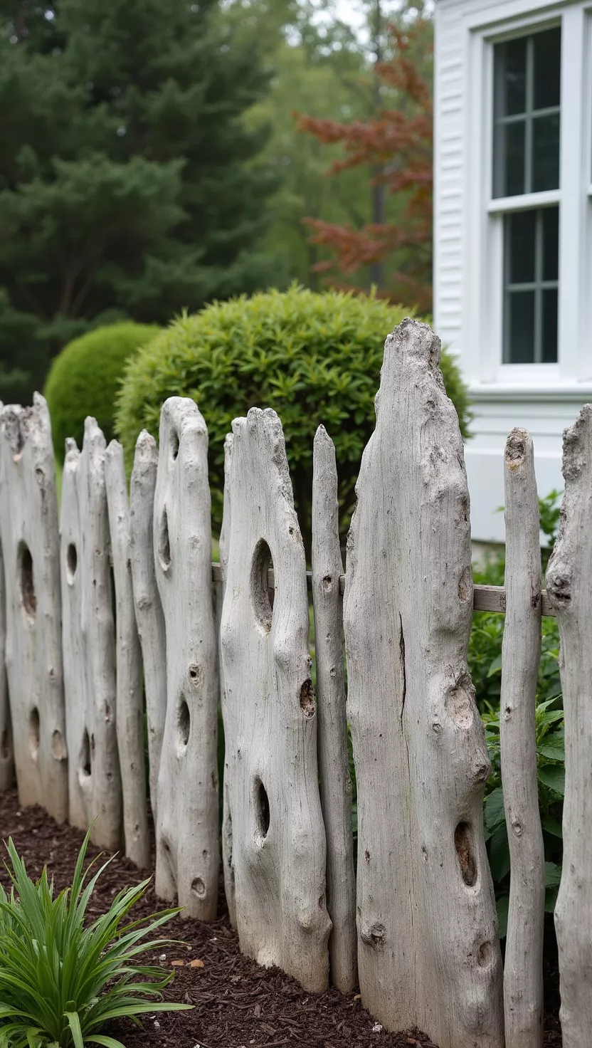 A photo of a typical American home's garden showing weathered driftwood pieces arranged in panels with smooth, bleached surfaces and organic shapes creating natural fence sections