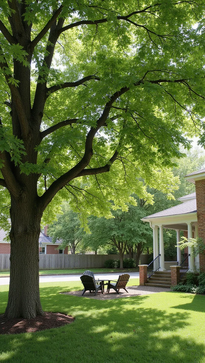 A photo of a typical American home's garden showing mature shade trees with full canopies providing natural dappled shade over a grassy area with outdoor furniture beneath