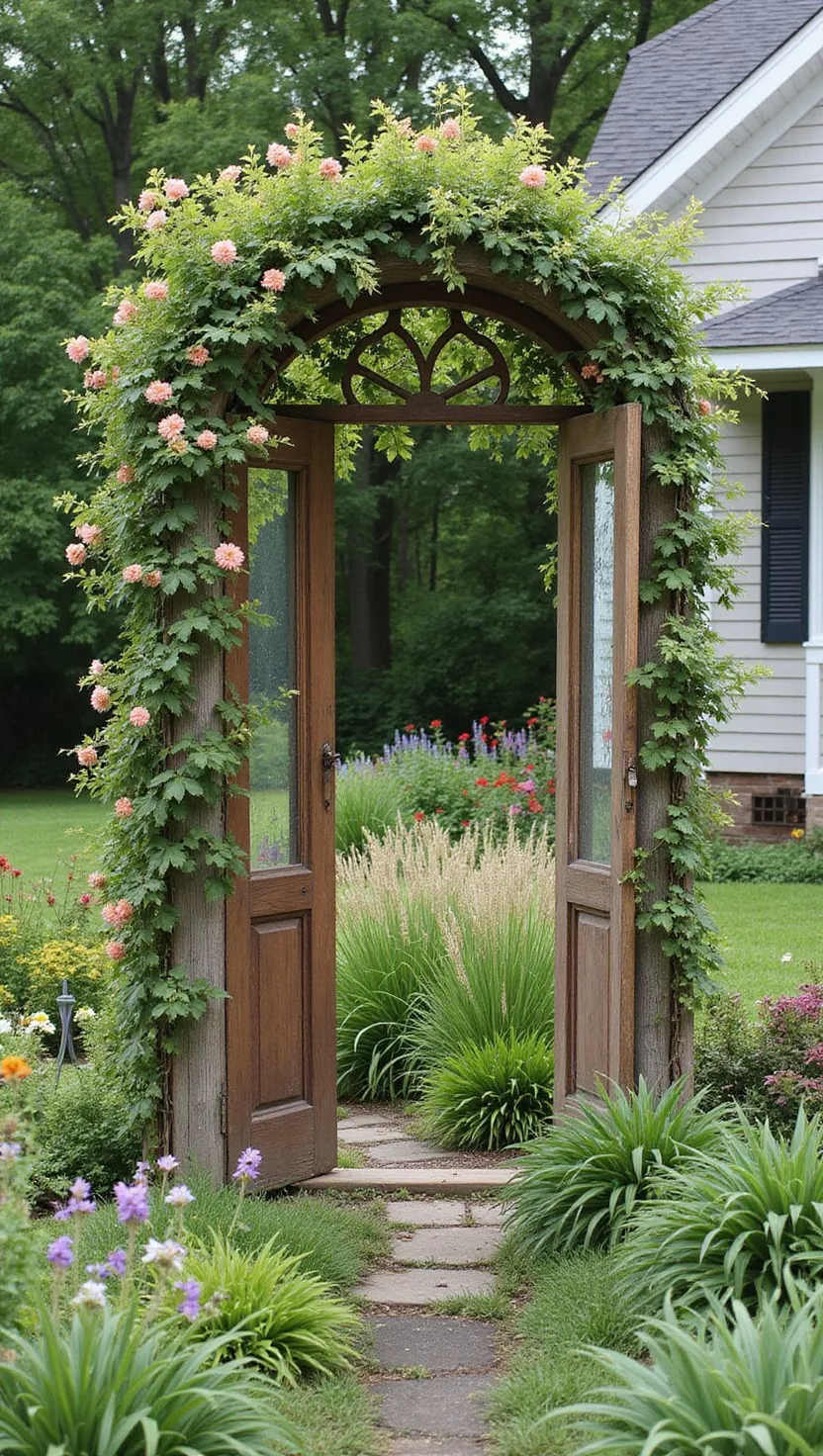 A photo of a typical American home's garden showing an old wooden door frame repurposed as a garden arch with flowering vines growing up the sides.