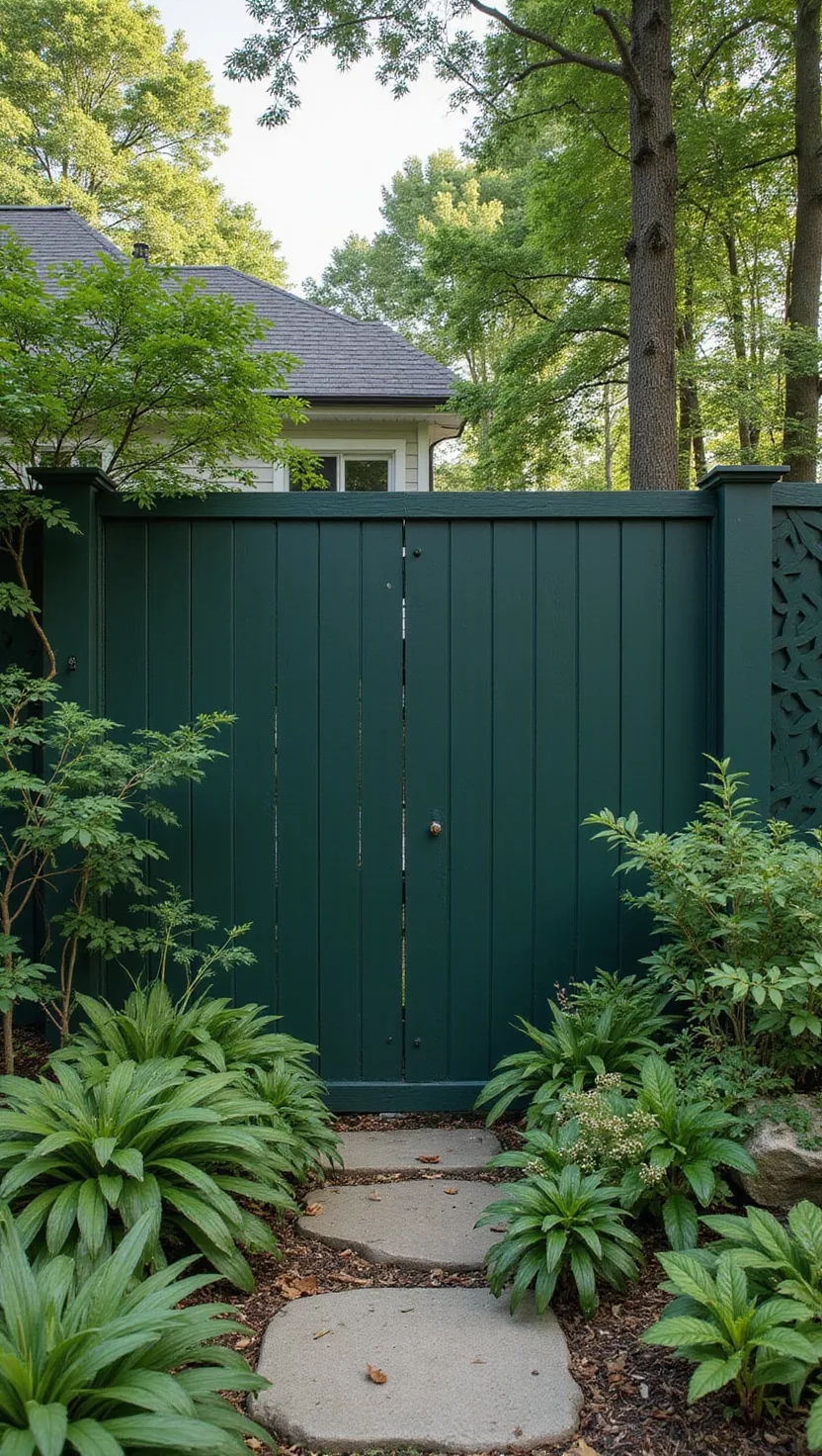 A photo of a typical American home's garden showing a fence painted in deep forest green with lush foliage and woodland plants creating a natural, secluded garden atmosphere.
