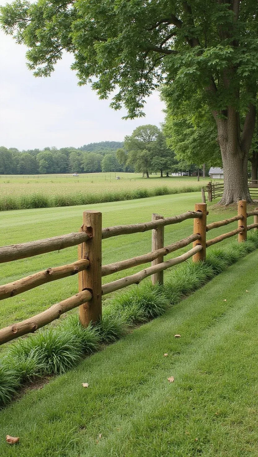 A photo of a typical American home's garden showing a traditional split rail wooden fence with horizontal rails fitting into notched vertical posts, in a rural countryside setting.