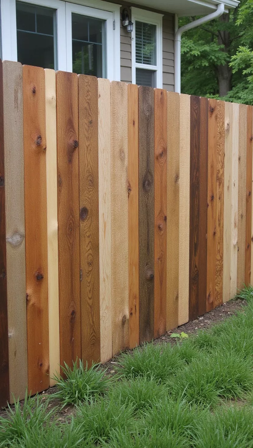 A photo of a typical American home's garden showing various wooden pieces of different sizes and colors arranged as fencing, displaying diverse wood grain patterns