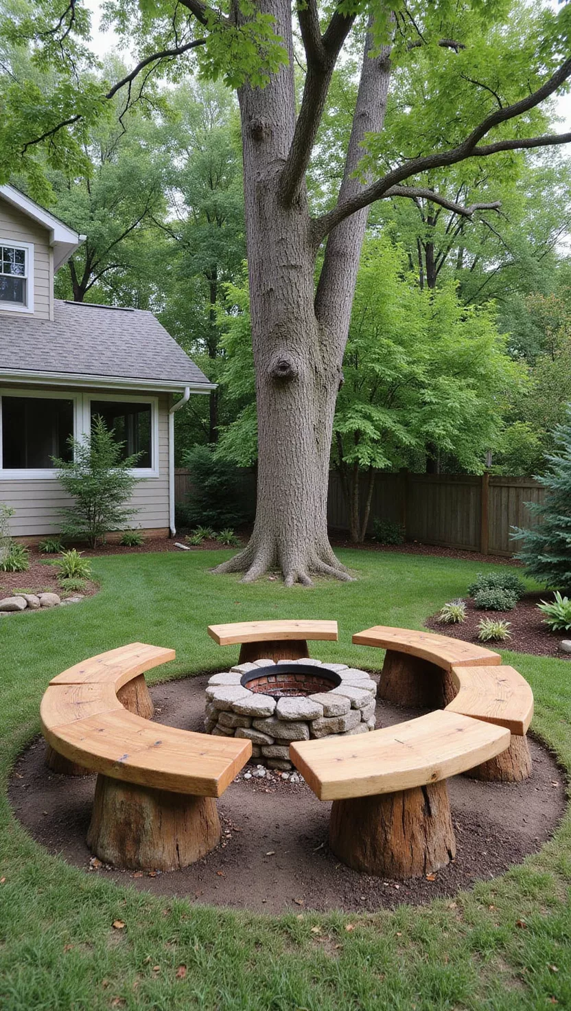 A photo of a typical American home's garden featuring curved wooden benches built around large tree trunks near a fire pit, creating natural integrated seating.