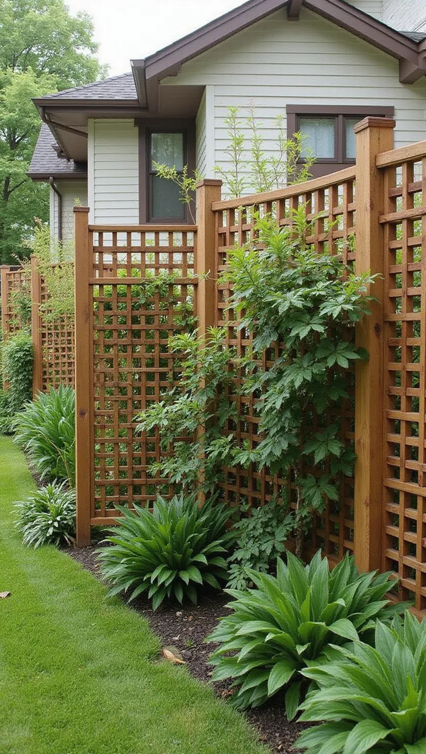 A photo of a typical American home's garden displaying wooden lattice panels creating a decorative screen with climbing plants growing through the openings, providing partial shade and privacy