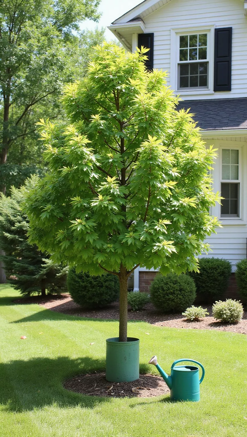 A photo of a typical American home’s garden showing a young maple tree with a green trunk guard, planted in a sunny lawn, with a watering can beside it.