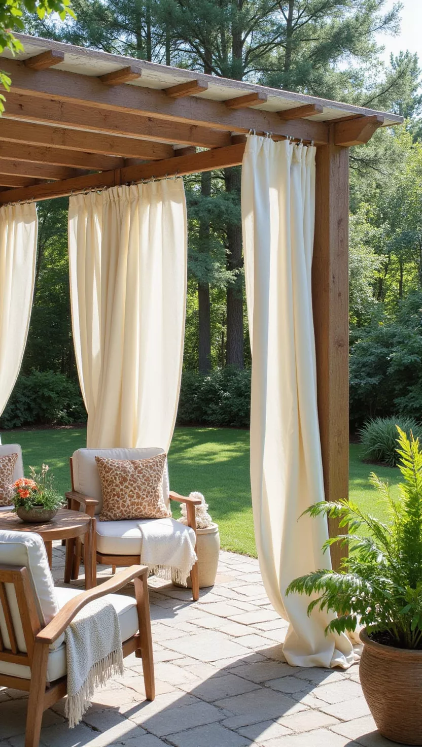 A photo of a typical American home's garden featuring flowing outdoor curtains hanging from a pergola or covered patio, creating privacy and shade with fabric panels