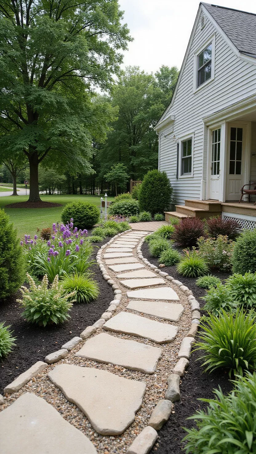 A photo of a typical American home's garden featuring a curved pathway made of stepping stones winding through a small garden area with plants and flowers on both sides