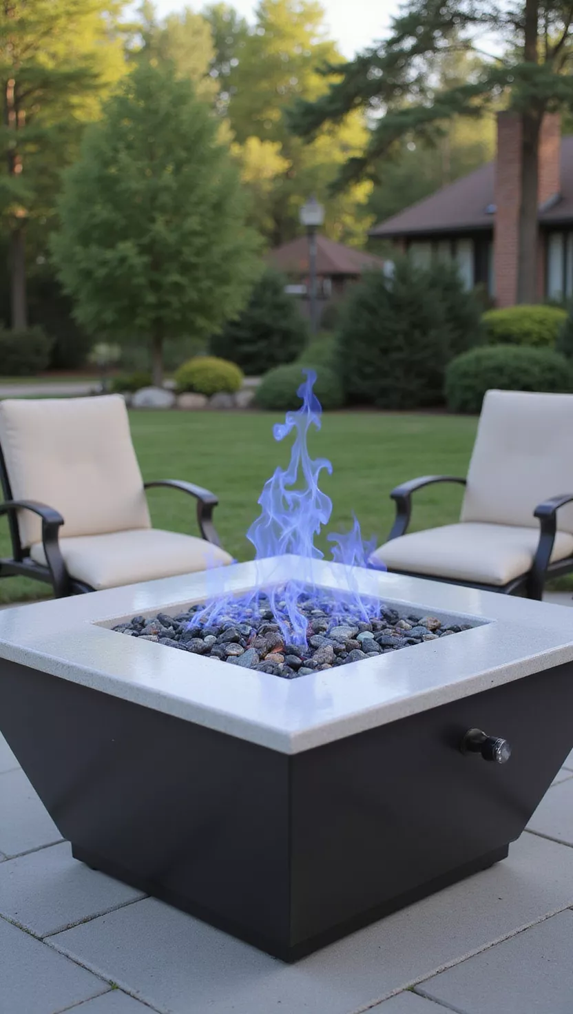 A photo of a typical American home's garden showing a modern propane fire pit with blue flames, sleek design, glass rocks, and a control knob visible on the side