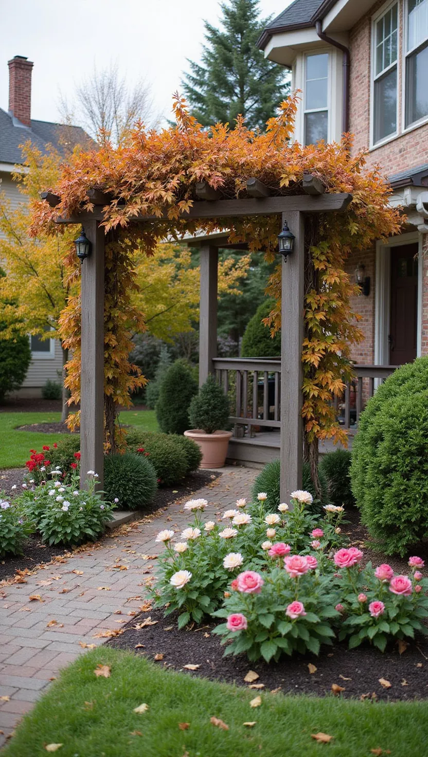 A photo of a typical American home's garden featuring an arbor decorated with seasonal elements like autumn leaves, winter lights, and spring flowers, showing how the structure adapts to different seasons.