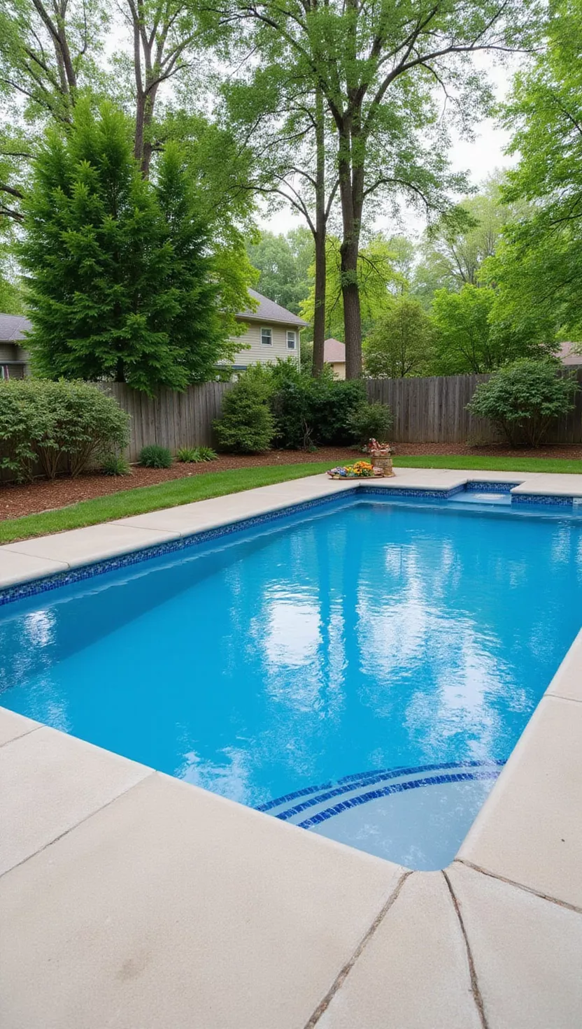 Budget Pool Brilliance A photo of a typical American home's garden with a simple rectangular pool built with cost-effective materials, basic concrete decking, and minimal but attractive landscaping