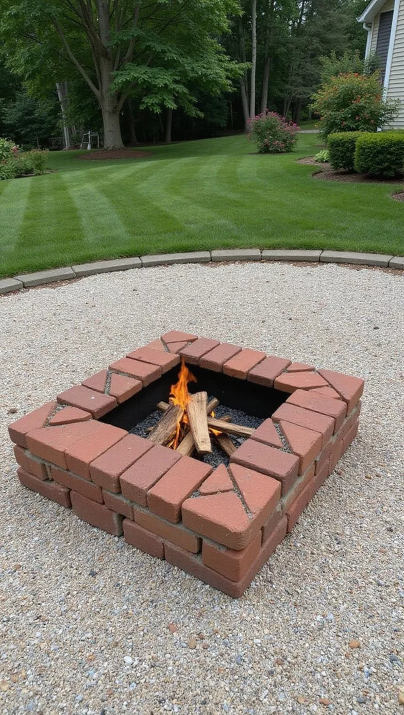 A photo of a typical American home's garden displaying a square brick fire pit with red bricks arranged in geometric patterns, wood burning inside, set on a gravel base