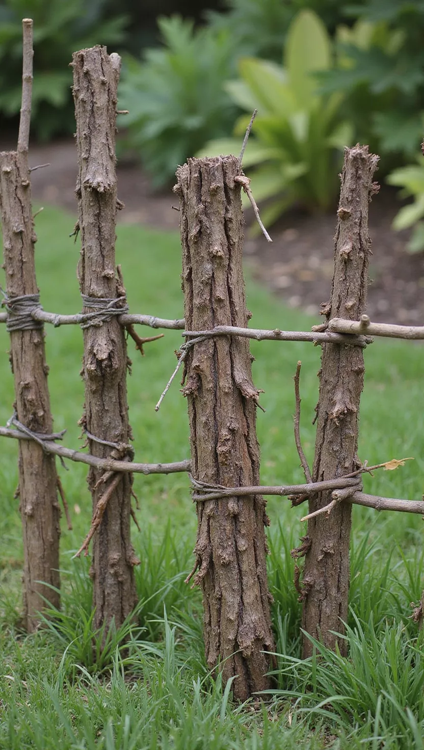 A photo of a typical American home's garden featuring small branches and twigs bundled together vertically to form rustic fence sections with natural brown textures