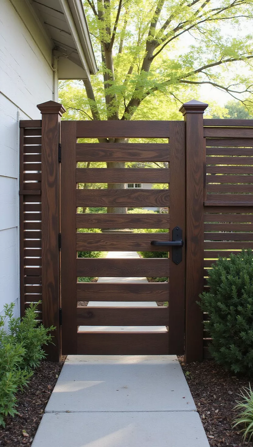 A photo of a typical American home's garden displaying a contemporary gate with horizontal wooden slats in dark stain, clean lines, and minimal metal hardware