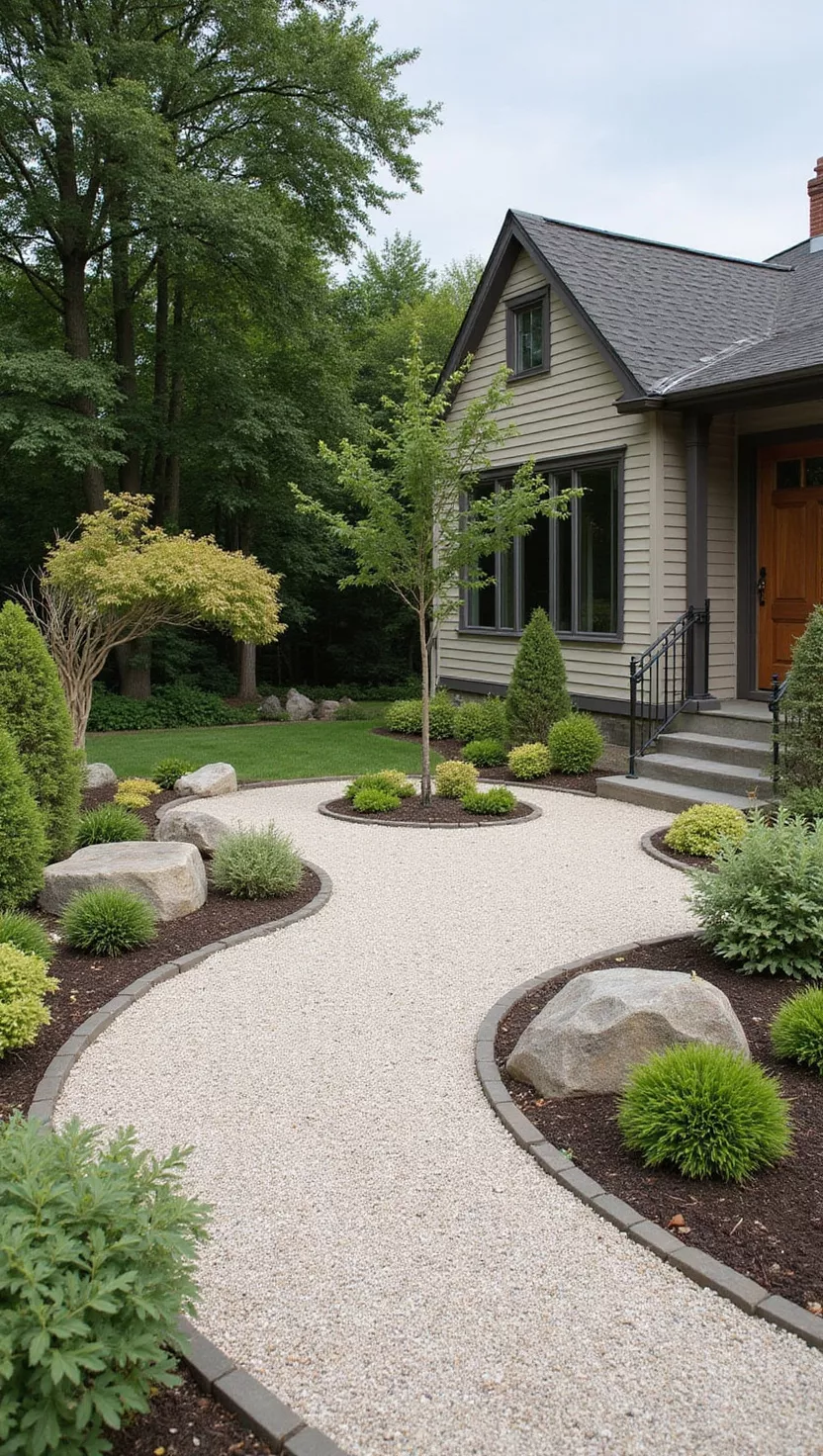 A photo of a typical American home's garden showing a small zen garden area with raked sand or gravel, a few carefully placed rocks, and minimal plantings creating a peaceful meditation space