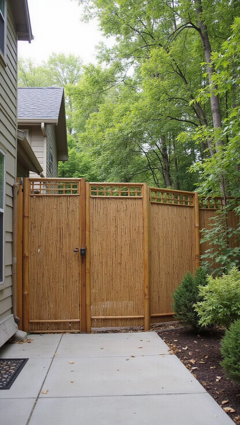 A photo of a typical American home's garden displaying bamboo screening panels creating a natural privacy wall and shade barrier along a patio or deck area