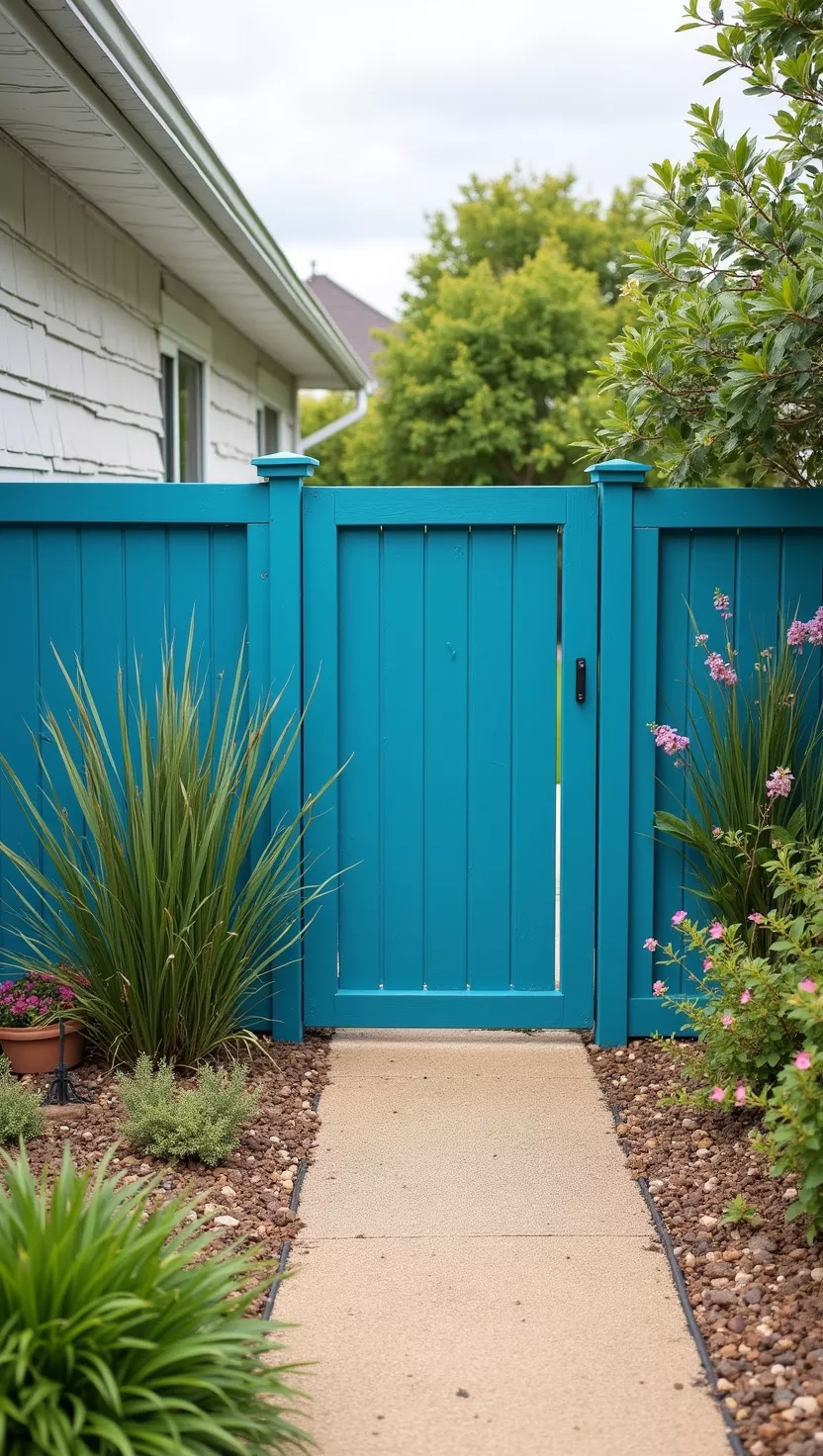 A photo of a typical American home's garden showing a fence painted in vibrant ocean blue with coastal plants and sand-colored mulch creating a beachy garden atmosphere.
