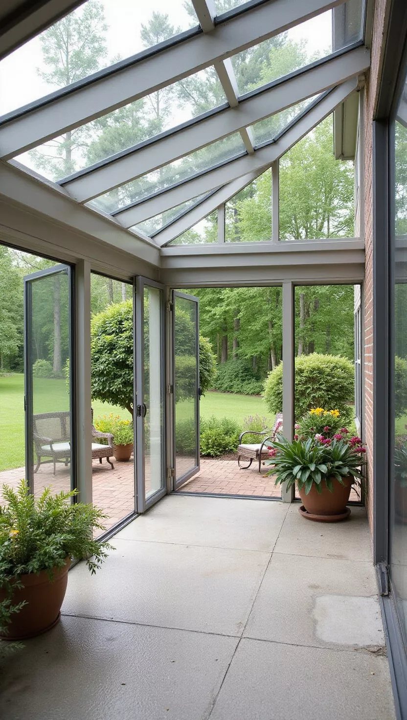 A photo of a typical American home’s garden patio with clear glass panels enclosing three sides under a solid roof, showing an open view