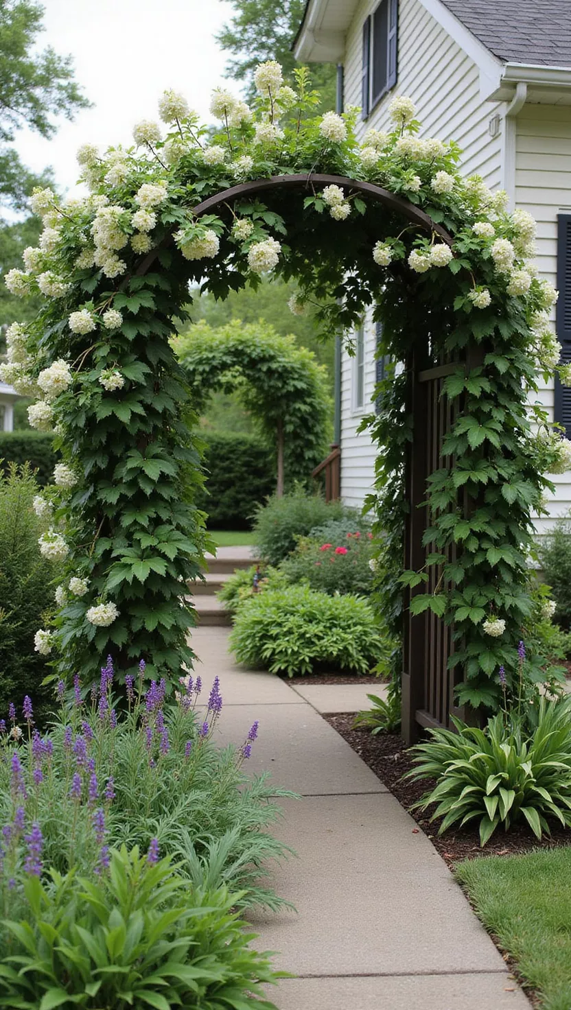 A photo of a typical American home's garden showing an arbor covered with fragrant flowering vines like jasmine and honeysuckle, positioned in a secluded garden corner with aromatic herbs nearby.