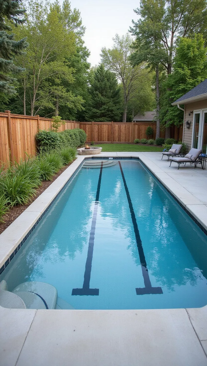 Lap Pool Luxury A photo of a typical American home's garden showing a long, narrow rectangular pool with lane lines, positioned along a fence with modern concrete decking