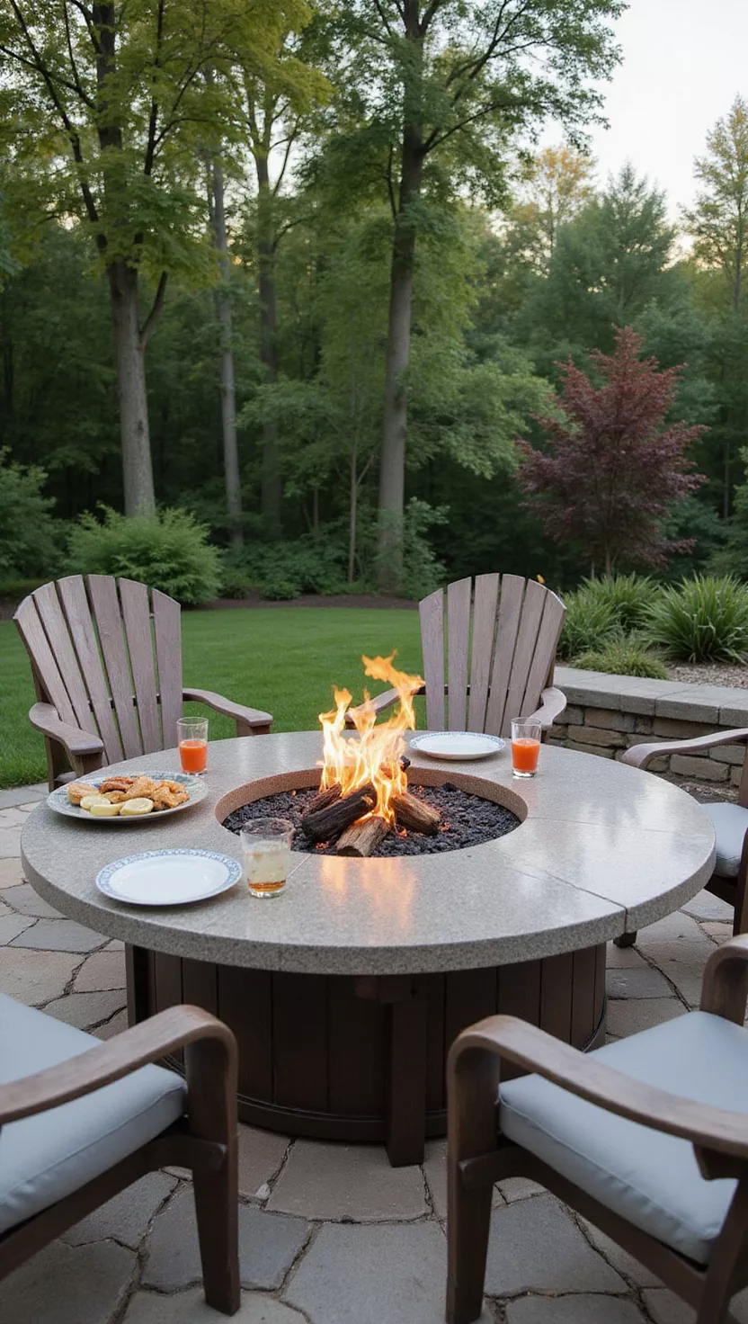 A photo of a typical American home's garden showing a fire pit table with flames in the center and flat surfaces around the edges for drinks and food, with chairs arranged around it