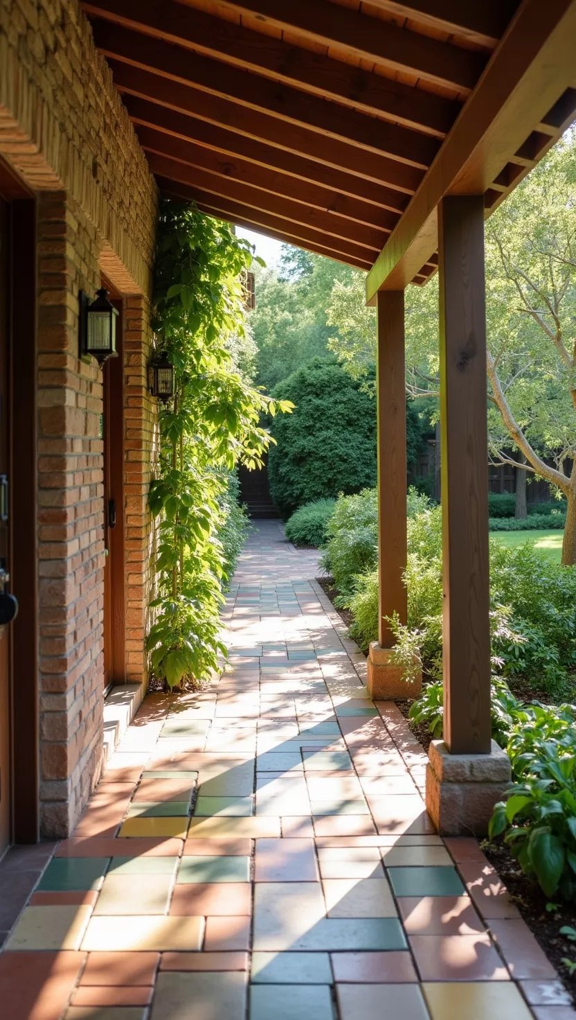 A photo of a typical American home’s garden covered patio floor with colorful geometric tiles, reflecting light under roof shade
