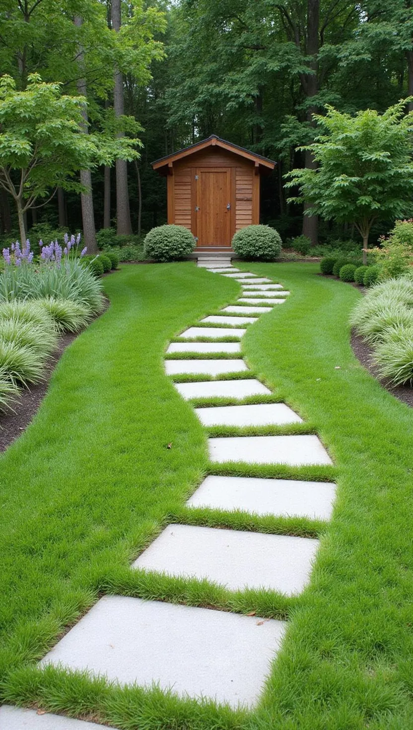 A photo of a typical American home’s garden showing flat stepping stones winding through grass, leading to a small wooden shed, with hosta plants lining the sides.