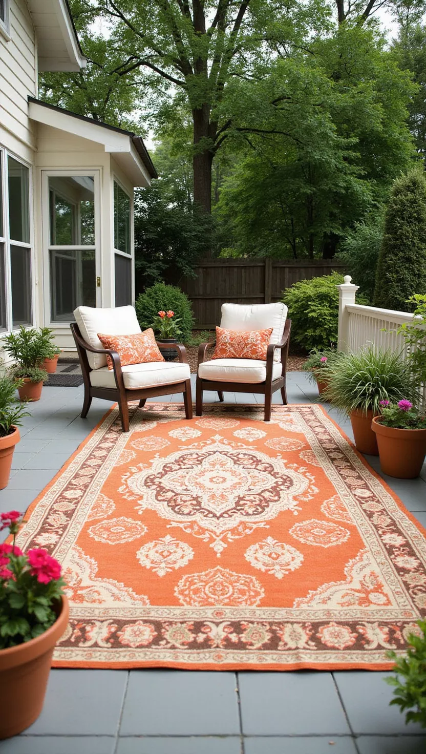 A photo of a typical American home's garden showing a bright outdoor rug placed on a patio or deck area with outdoor furniture arranged on top, surrounded by plants