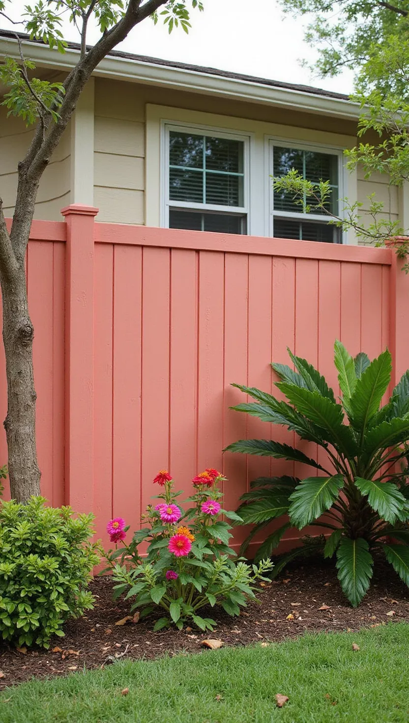 A photo of a typical American home's garden showing a fence painted in warm coral pink with tropical plants and bright flowers creating a vibrant, welcoming garden atmosphere.