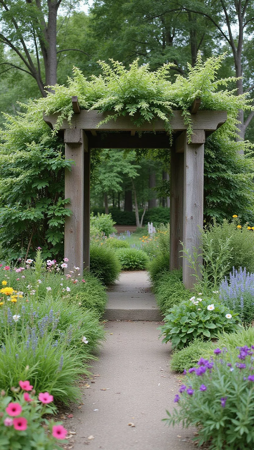 A photo of a typical American home's garden showing a rustic wooden arbor entrance surrounded by wildflowers, herbs, and cottage garden plants in a charming, informal arrangement.