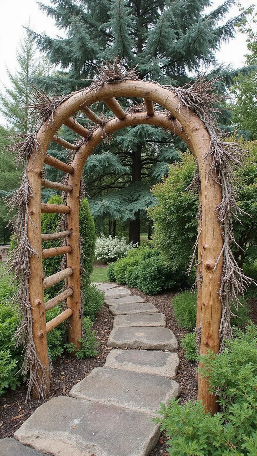 A photo of a typical American home's garden showing a handmade arbor constructed from natural tree branches and twigs, with a rustic, organic appearance integrated into a woodland garden setting.