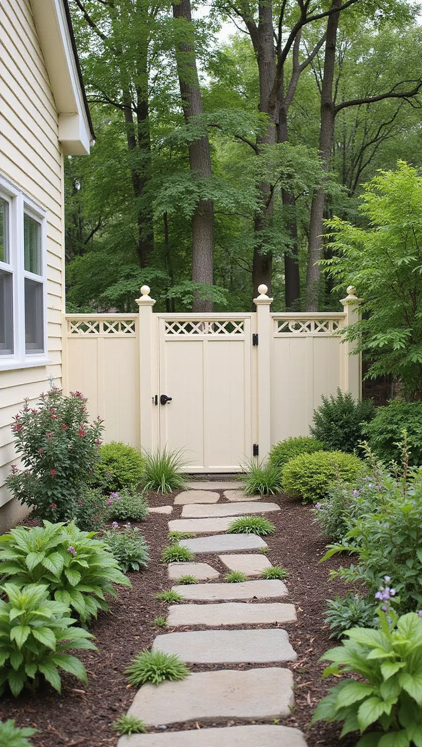 A photo of a typical American home's garden featuring a fence painted in warm creamy ivory with elegant plants and formal garden elements creating a sophisticated outdoor space.