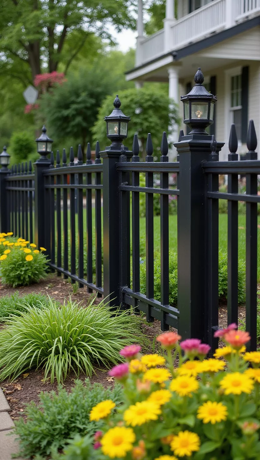 A photo of a typical American home's garden showing a dramatic black painted fence contrasting beautifully with vibrant green plants and bright flowering bushes in the foreground.
