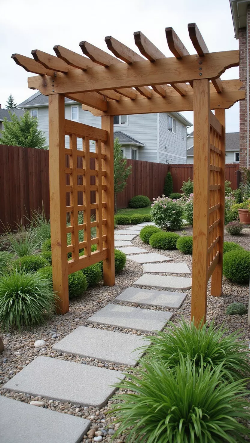 A photo of a typical American home's garden featuring a Japanese-style wooden arbor with clean horizontal lines, surrounded by ornamental grasses, stones, and minimal plantings in zen garden style.