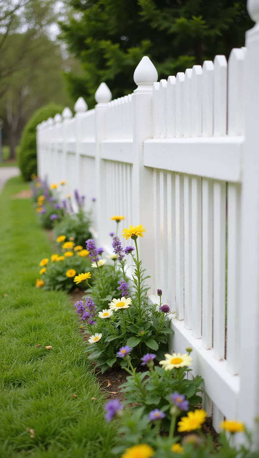 A photo of a typical American home's garden featuring a pristine white picket fence with green grass and colorful flowers blooming alongside the clean painted wooden slats.