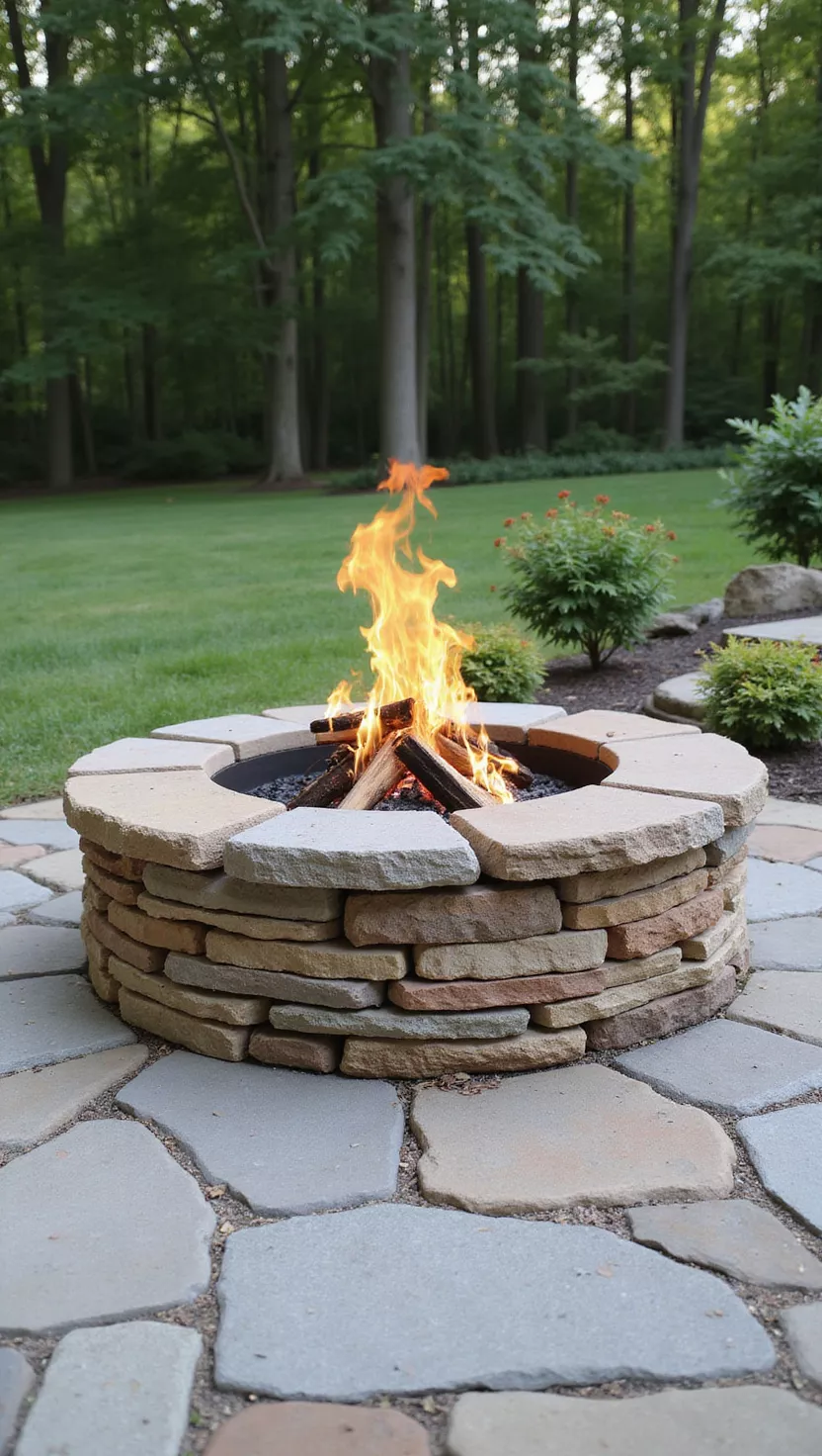 A photo of a typical American home's garden displaying a fire pit made with flat flagstone pieces arranged in layers, flames visible in the center, surrounded by flagstone patio