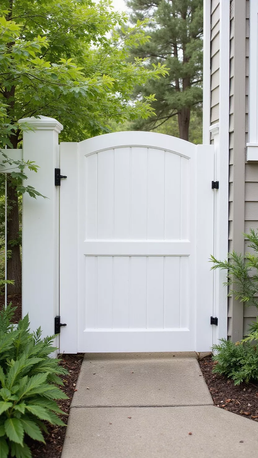A photo of a typical American home's garden featuring a white vinyl gate with clean lines, no visible maintenance issues, and bright appearance