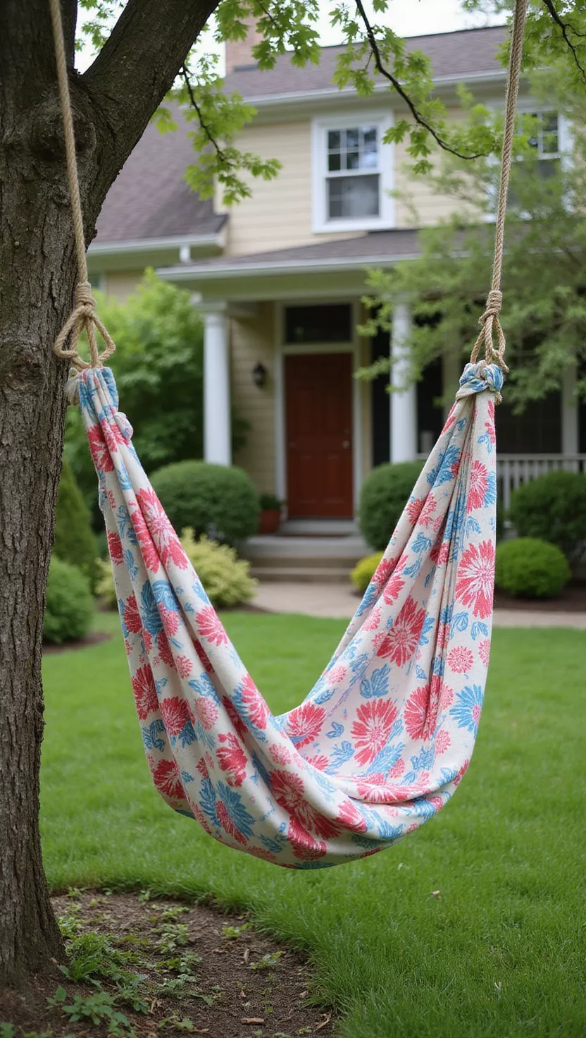 Fabric Sling Swing A photo of a typical American home's garden featuring a colorful fabric sling swing hanging from a tree branch, with the fabric creating a comfortable seat