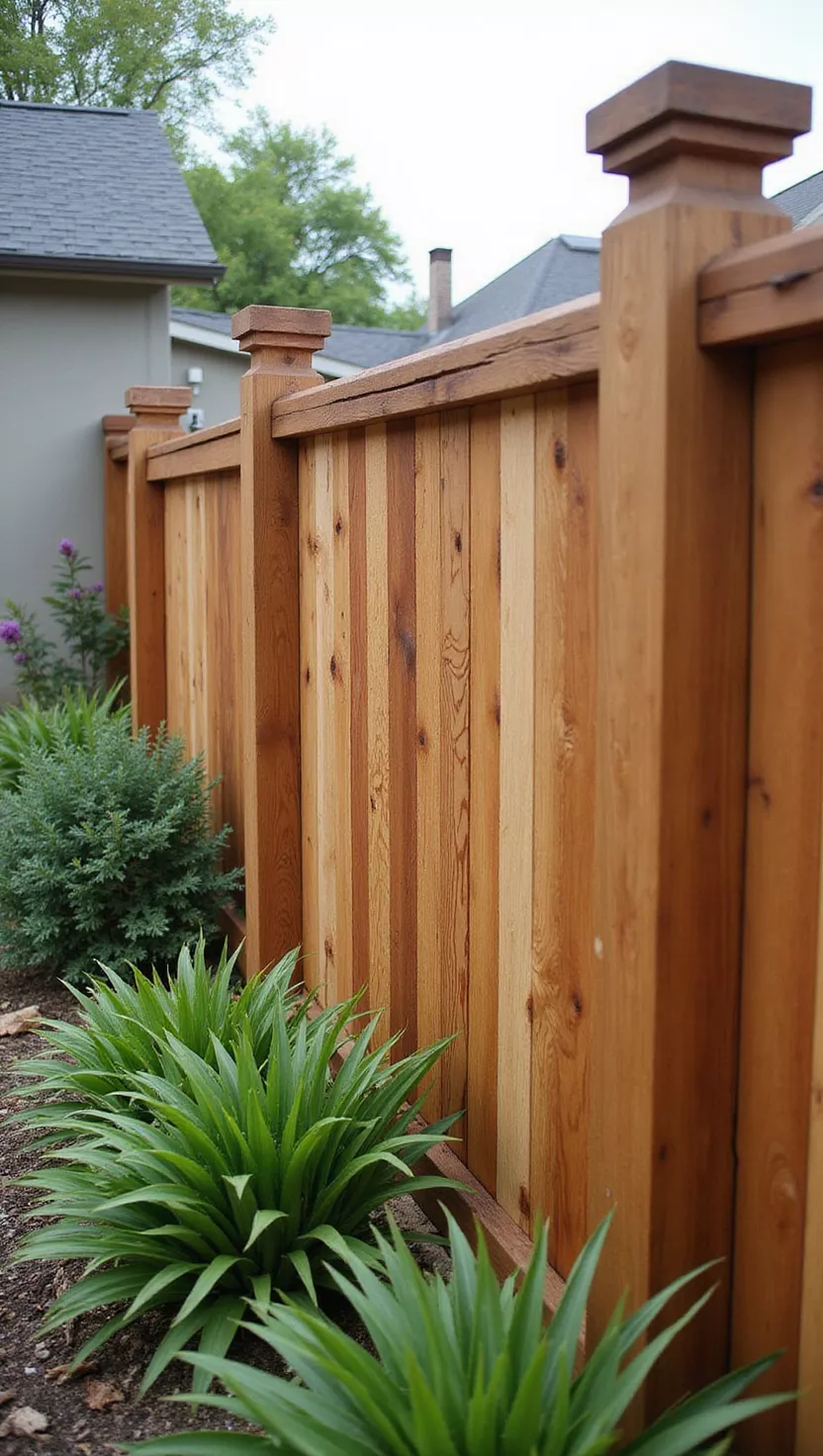 A photo of a typical American home's garden displaying a wooden fence with rich natural wood stain finish, surrounded by native plants and showing the beautiful grain patterns.
