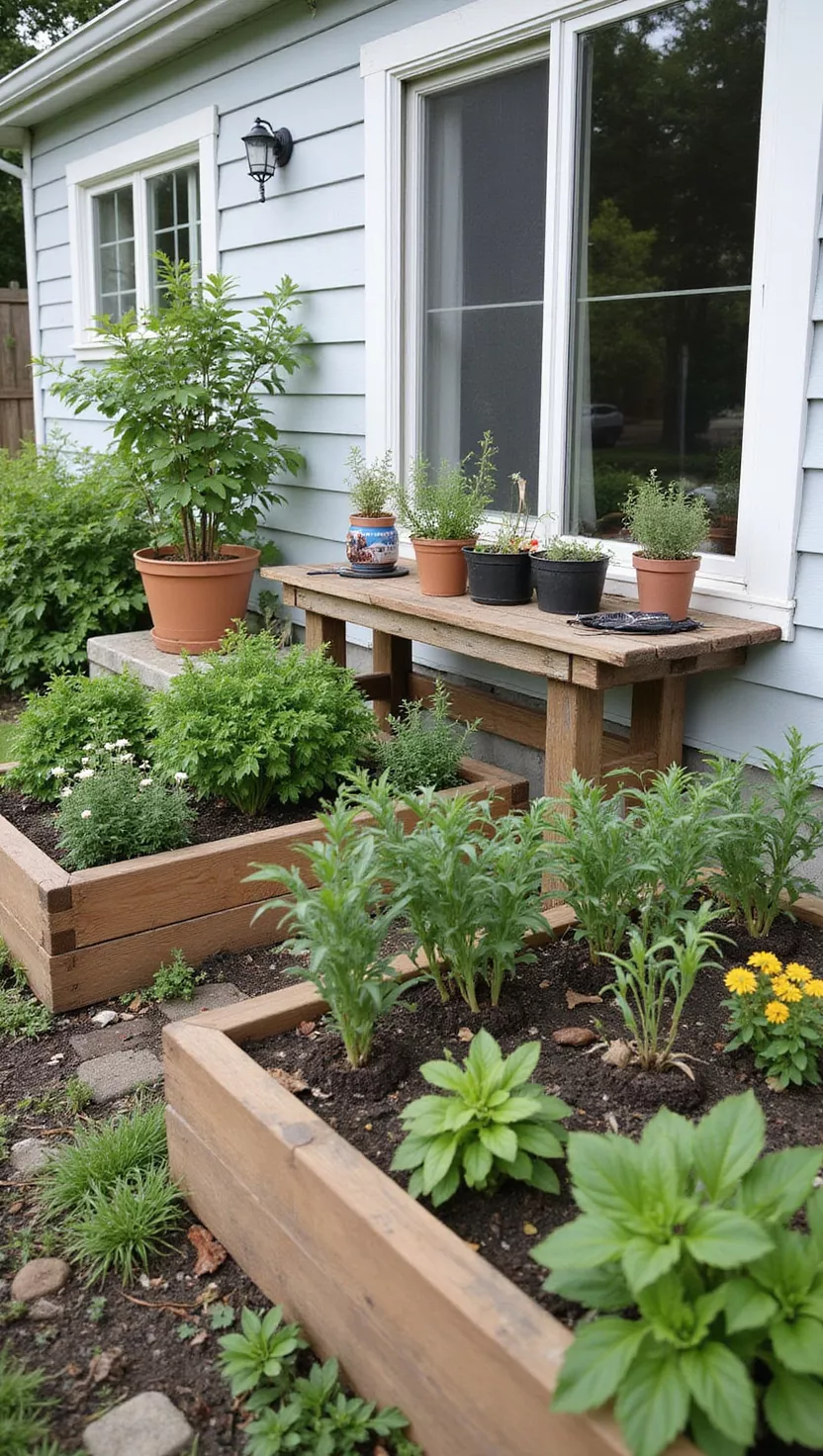 A photo of a typical American home's garden featuring raised beds filled with various herbs, a small potting bench, and garden tools arranged near a kitchen window