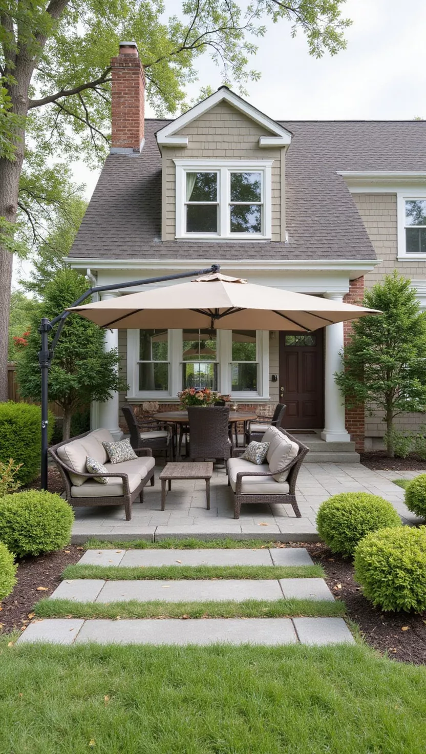 A photo of a typical American home's garden showing a cantilever umbrella with an offset design, providing shade over a lounge area without a center pole blocking the space