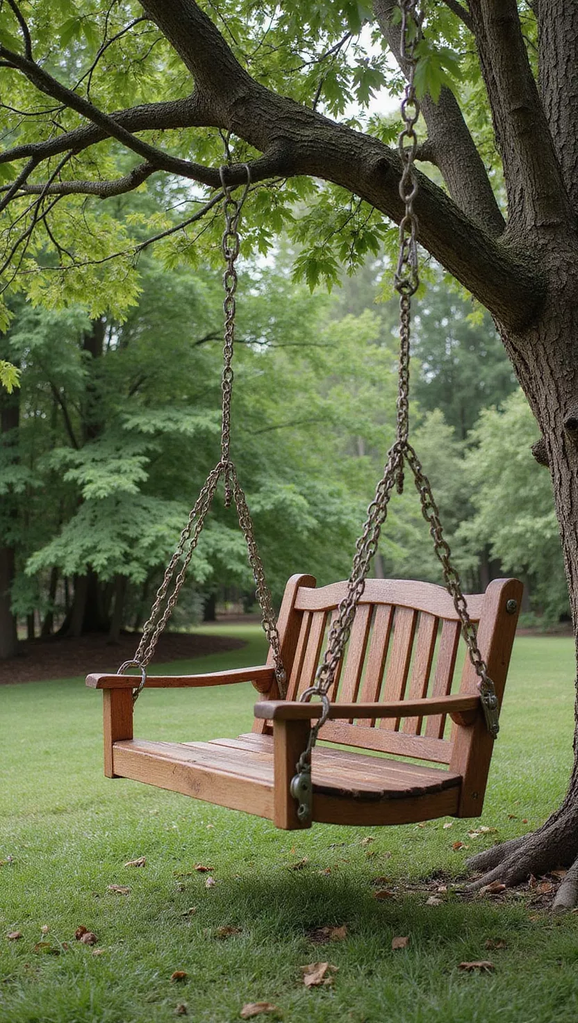 Swing Bench A photo of a typical American home's garden showing a wooden bench with a backrest suspended by chains from a tree branch, creating a comfortable multi-person swing