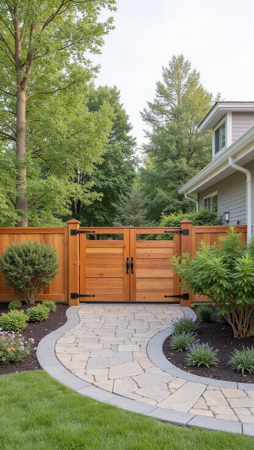 A photo of a typical American home's garden showing a horizontal wooden sliding gate on a track system, with clean modern lines and space-saving design along a fence line.